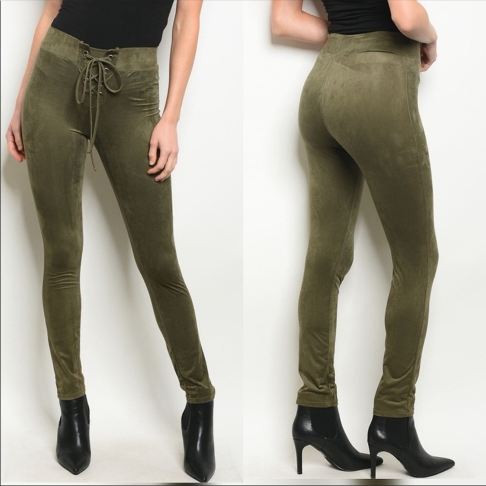 NEW! FRONT LACE UP FAUX SUEDE OLIVE LEGGINGS